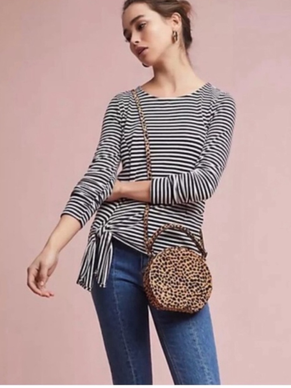 T.La by Anthropologie Black & White Striped Long-Sleeve Tie-Hem Top